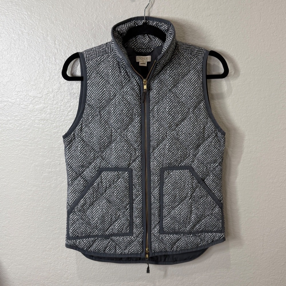 J.Crew Puffer Vest Gray Herringbone XXS Full Zip Pockets Preppy Fall Layering